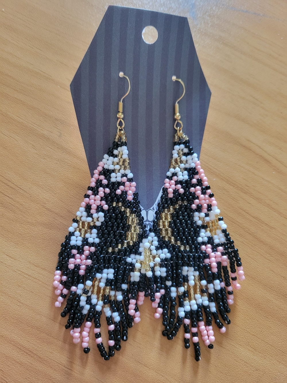 💐NEW💐 Handmade Black, Pink & Gold Seed Bead Moon Fringe Earrings -